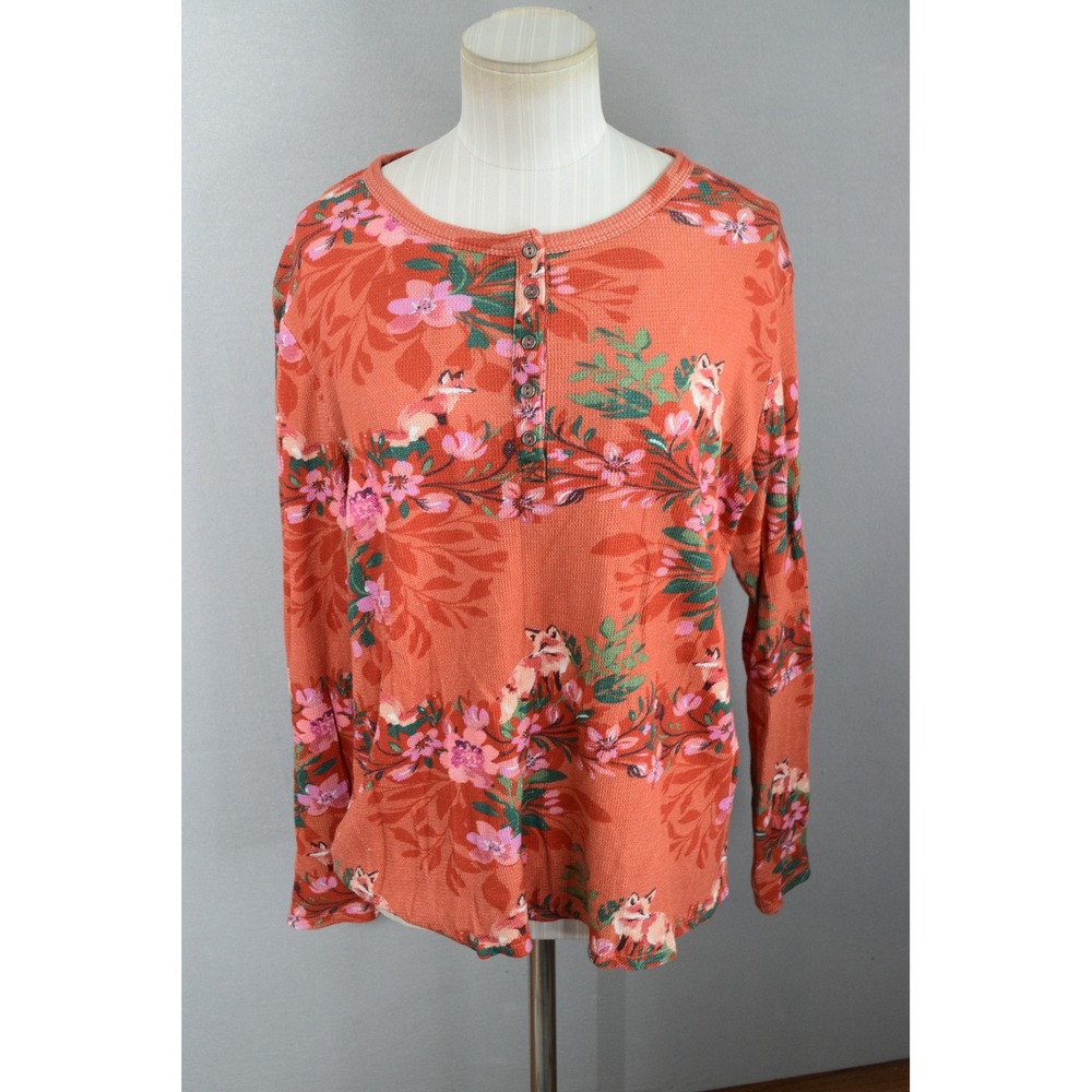 Sundance Henley Top Medium Orange Floral Fox Waffle Knit Cotton Long Sleeve